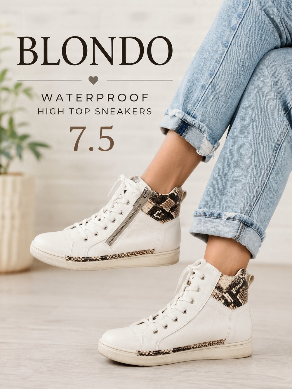 Blondo Waterproof High Top Leather Sneakers 7.5 White Snake Print Side Zip Chic
